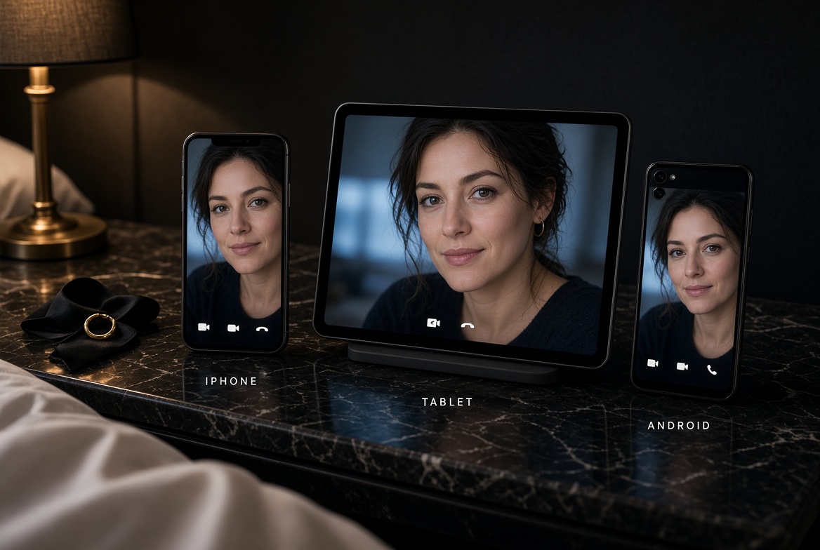 iPhone, iPad, and Android phone set up for a private FaceTime or video chat phone sex session
