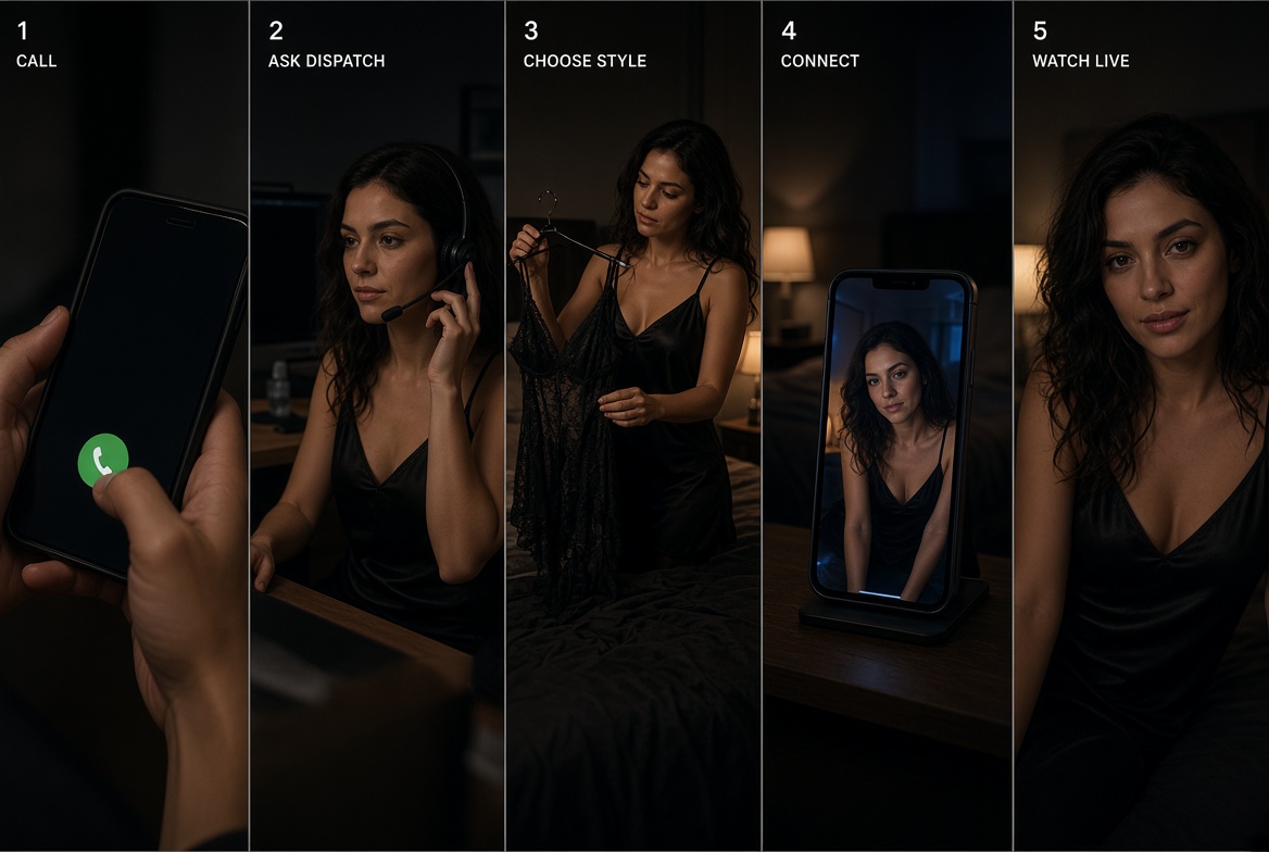 Five steps to start FaceTime phone sex: call 1-800-841-9842, ask dispatch for video, choose one-way or two-way, connect, watch live