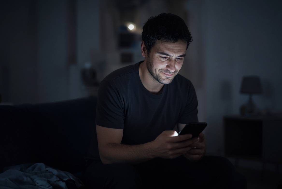 Man glancing at a late-night sexting message on his phone, keeping the fantasy going between phone sex calls