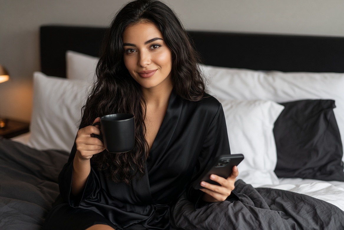 Woman in bed sexting on her phone for a private phone sex text session