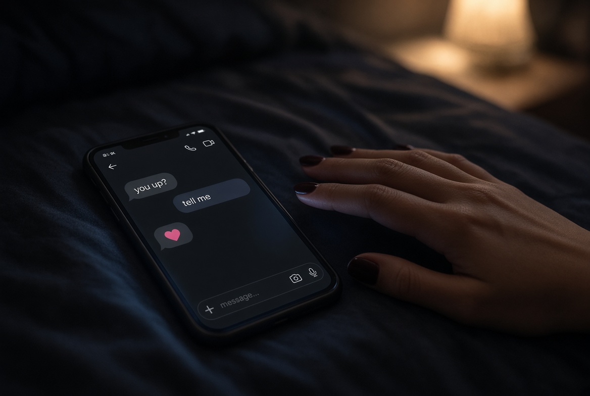 Close-up of a smartphone with a private adult sexting conversation in a dark bedroom