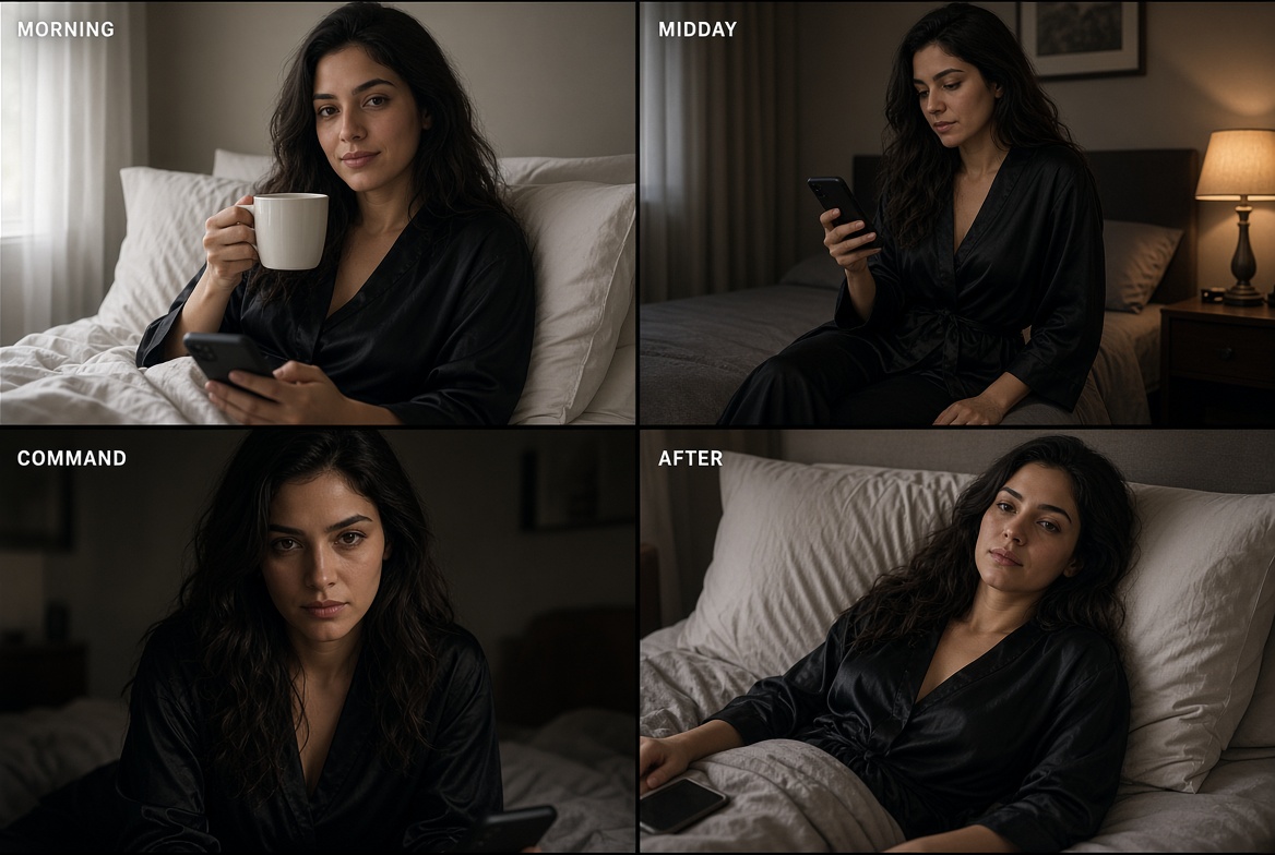 Four sexting styles: morning tease, filthy lunch-break texts, domination commands, and after-call recap